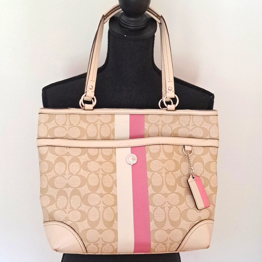 Coach Signature Pink and White Stripe Canvas Shoulder Bag
